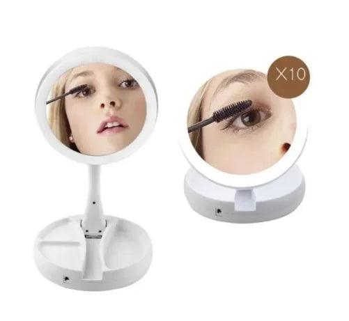 Espelho de Maquiagem 10x com LED – Iluminação Dupla e Organização Prática!